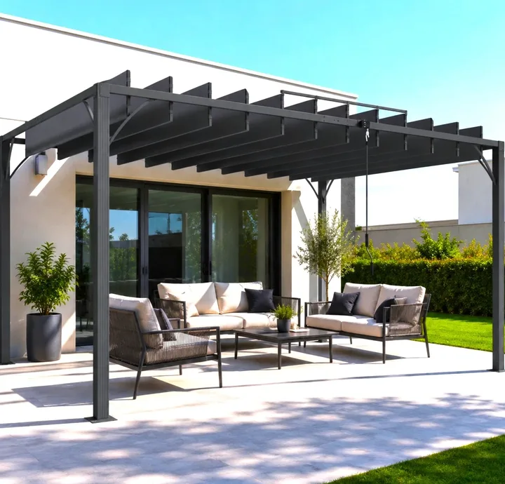 Terraza con pérgola, sofás de exterior y macetas